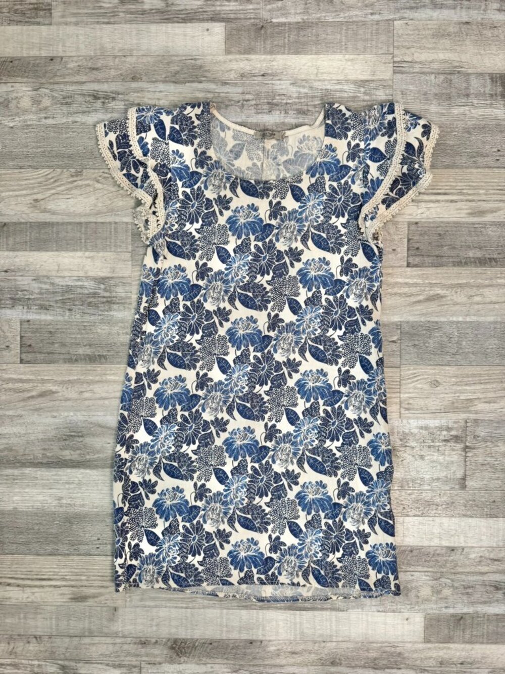Luisa Perla Blue Floral Linen Blend Shift Dress Size Small Flutter Sleeve J5